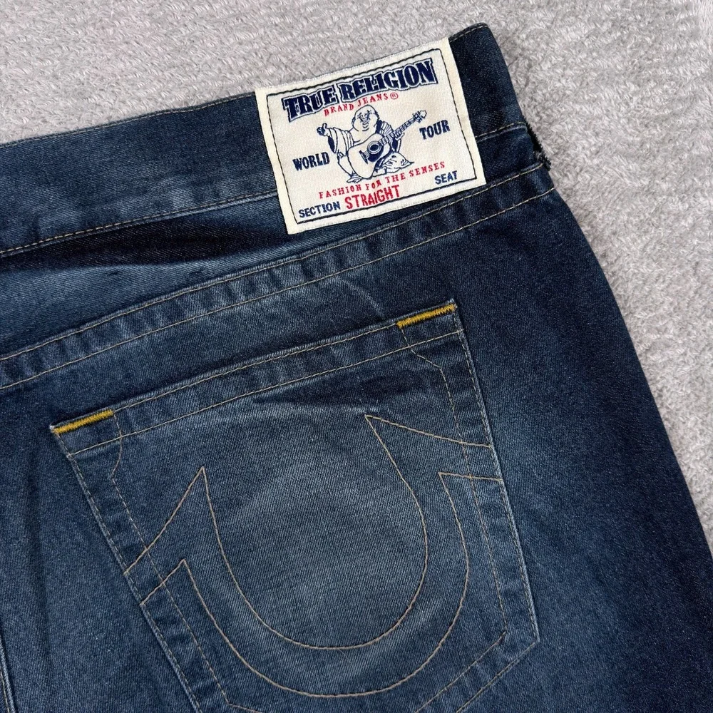 True Religion Jeans Mens 44x34 Straight Allover Earthworm Gold Cursed Blue Denim